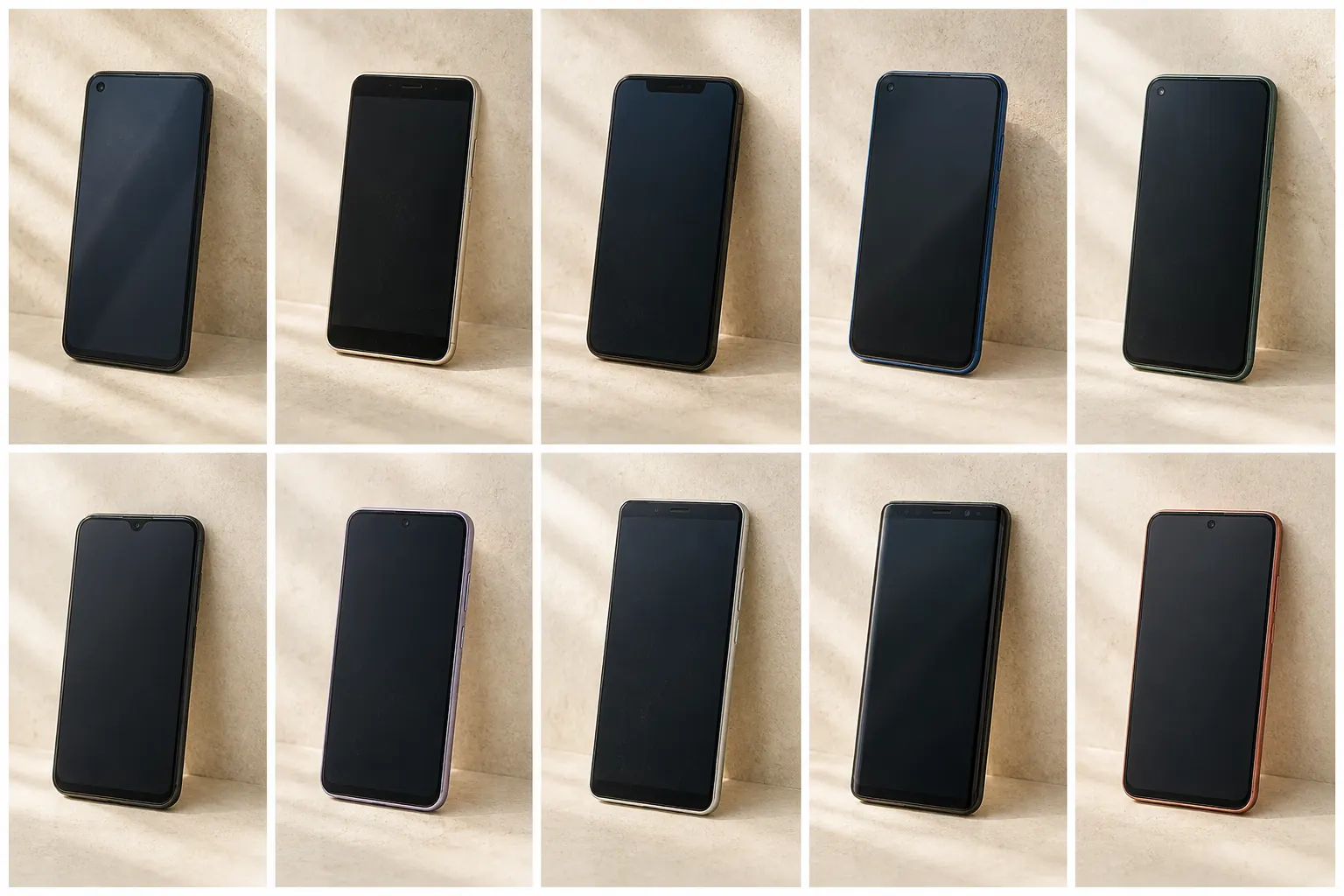 A curated collection of ten older smartphones